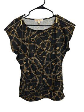 Michael Kors Black Gold Chain Print Cap Sleeve Top Size Large Luxury Preppy